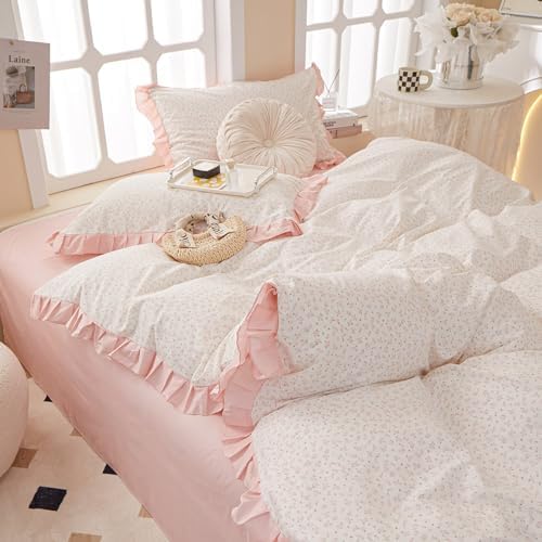 Pink Flower Duvet Cover Twin Chic Floral Print Ruffle Duvet Cover Cotton Lace Comforter Cover Country Style Floral Bedding Set Romantic Ruffle Comforter Cover Flower Bedding Cover with 2 Pillowcases