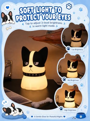 Ammonite Cute French Bulldog Night Light, Dog Gifts for Kids, Dimmable Silicone Nursery Nightlight, Rechargeable LED Lamp with RGB Color & Tap Control, Bedroom Decor for Baby Girls Women