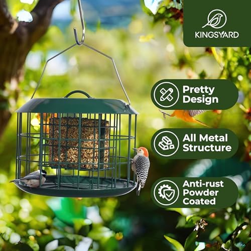 Kingsyard Squirrel Proof Suet Feeder, Cage Bird Feeders for Outdoors Hanging, All Metal, Double Suet Cake Capacity, Tray & Weatherproof, Green