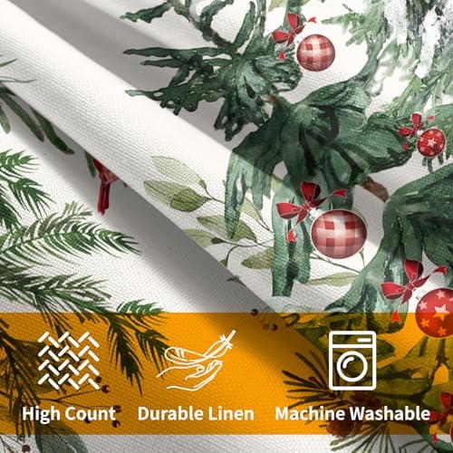 Green Christmas Tree Throw Pillow Covers 20x20 Inch Set of 2 Winter Pine Trees Red Berry Bells Birds Decorative Pillowcase Xmas Holiday Cotton Linen Cushion Cover for Home Sofa Couch Patio