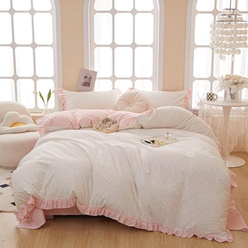 Pink Floral Duvet Cover Queen Chic Flower Print Ruffle Duvet Cover Cotton Lace Comforter Cover Country Style Floral Bedding Set Girls Ruffle Comforter Cover Flower Queen Duvet Cover with 2 Pillowcases