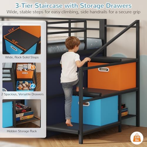 Twin Low Loft Bed with Slide and Safety Staircase, 2 Storage Drawers, Kids Twin Size Loft Bed with LED Lights, Under-Bed Play Tent, Built-in Desk, Metal Loft Bed with Safety Guardrail, Black and Blue