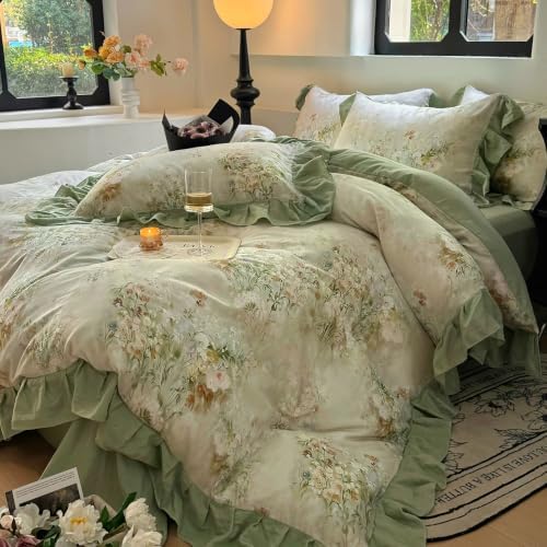 Romantic Ruffle Floral Duvet Cover Set Twin Sage Green