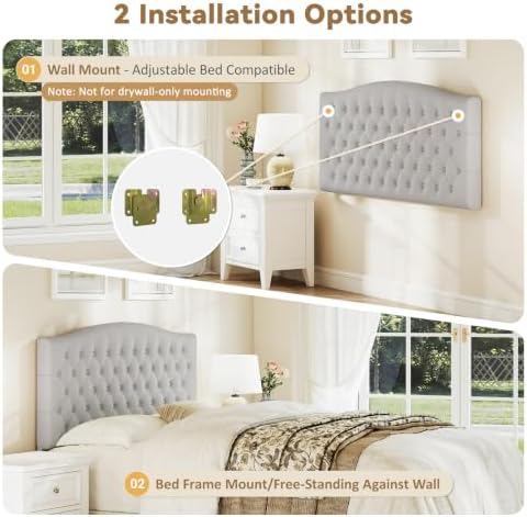 Befurtori Queen Headboard Only, Velvet Classic Tufted Design, Light Gray