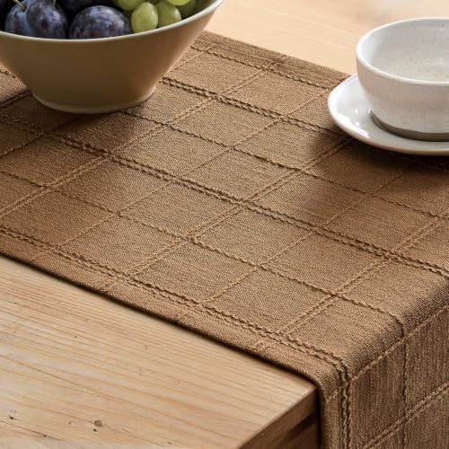 ZeeMart Linen Checked Farmhouse Table Runner, 13x90 Inches Roasted Brown