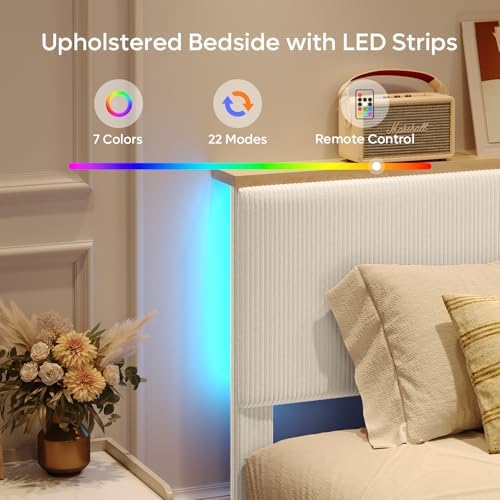 Bestier King Bed Frame with Storage Headboard & LED, Upholstered, Beige