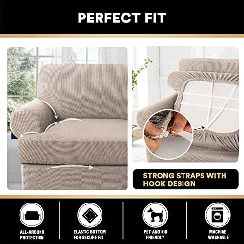 PrinceDeco T Cushion Loveseat Slipcover 3 Pieces Sofa Covers for T Cushion Sofa Stretch Slip Covers for 2 Cushion Couch with 2 Individual T Shape Seat Covers Width Up to 76" - Washable, Sand