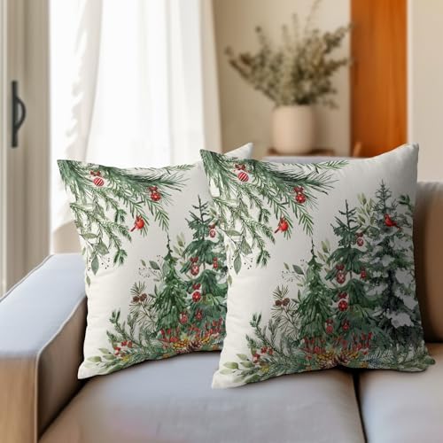 Green Christmas Tree Throw Pillow Covers 20x20 Inch Set of 2 Winter Pine Trees Red Berry Bells Birds Decorative Pillowcase Xmas Holiday Cotton Linen Cushion Cover for Home Sofa Couch Patio