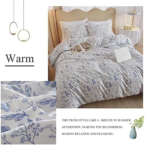 HighBuy 3 Pieces Duvet Cover Queen Size White Bedding Duvet Cover with Blue Floral Print,Soft Cotton Coquette Bedding Comforter Cover Boho Style,Aesthetic Queen Bedding Set with Zipper Closure 4 Ties