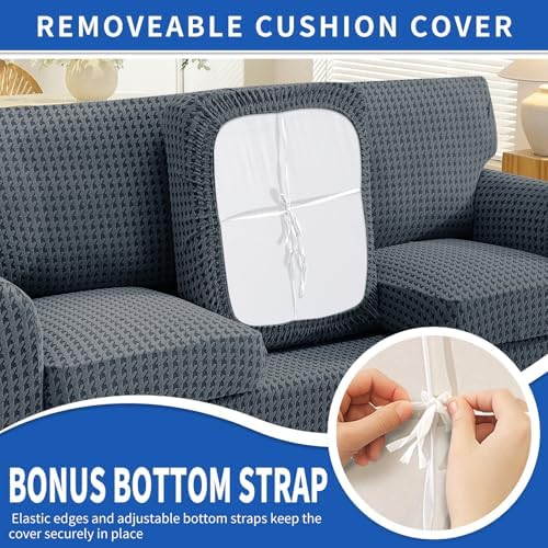 MAXIJIN 4 Pieces Stretch Oversized Couch Covers for 3 Cushion Sofa Covers Washable Sofa Slipcovers Thick Soft Furniture Protector with Non Slip Strap (Dark Gray), 91"-110"(3 XL Cushions)