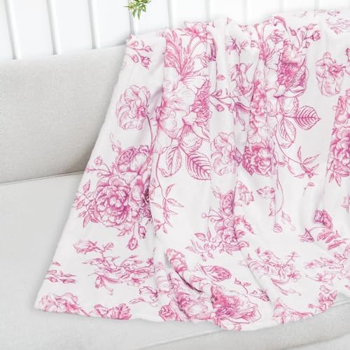 JarThenaAMCS Pink Floral Fuzzy Blanket Pink Flowers Throw Blanket Decorative Soft Cozy Flannel Blankets for Home Bed Sofa Couch Chair, 50 x 60 Inch