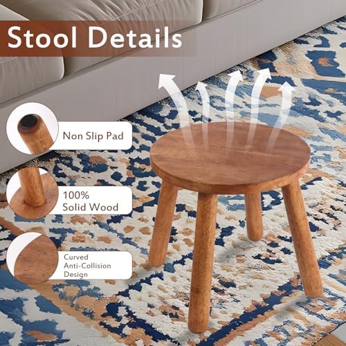 Round Solid Wooden Stool,Plant Stand,Step Stool,Walnut,15.8" H
