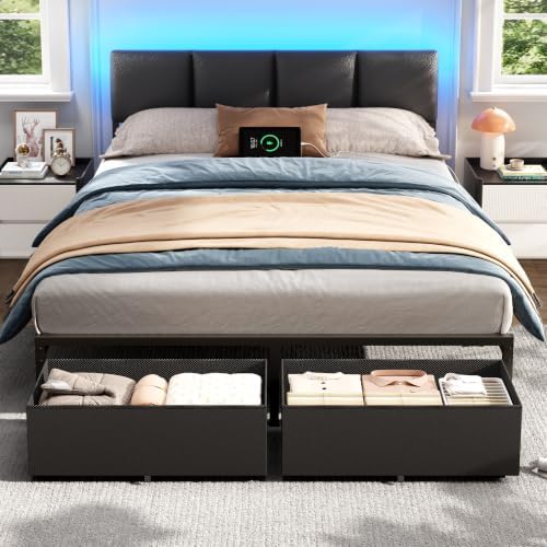 Furnulem Black Queen Bed Frame with PU Upholstered Headboard and LED Lights