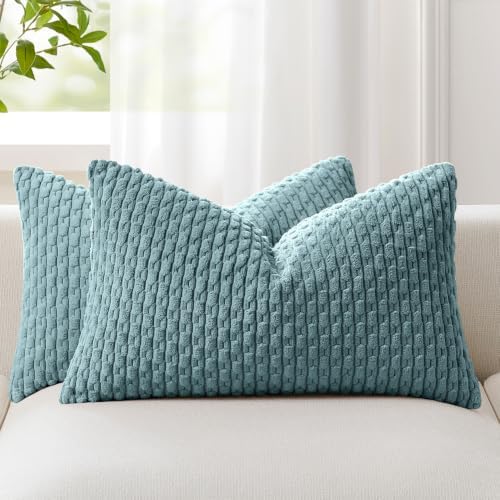 Kevin Textile Soft Corduroy 12"x20" Lumbar Pillow Covers 2 Pack, Blue Grey
