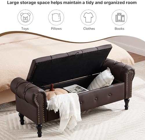 Storage Bench 51" Faux Leather End of Bed Benches Dark Brown
