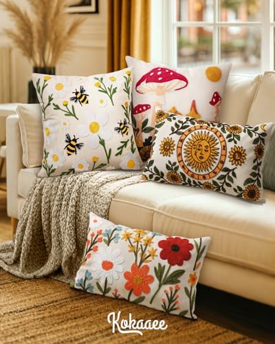 Embroidered Lumbar Pillow Cover 20x12 Inch, Sunflower Moon