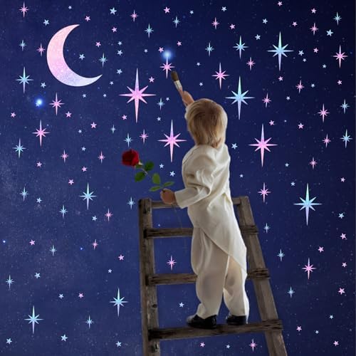 Retro Star Wall Decals Sparkle Wall Decor Stickers Rainbow Stars Moon Decal