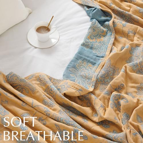 jinchan 100% Cotton Muslin Blanket Queen Boho Bed Blanket 80x90 Yellow/Blue