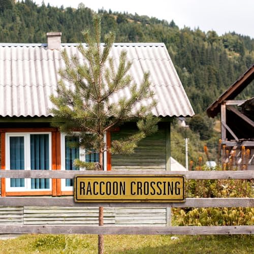 Rustic Farmhouse Metal Tin Sign, Raccoon Crossing Sign, Vintage Animal Road Signs for Porch, Yard, and Farmhouse, Animal Crossing Warning Signs, Perfect for Garden and Road, 15.7 x 3.9 inches
