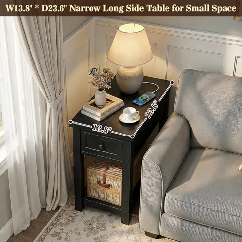 Farmhouse Narrow End Table with Charging Station for Couch, 13.8" Wide