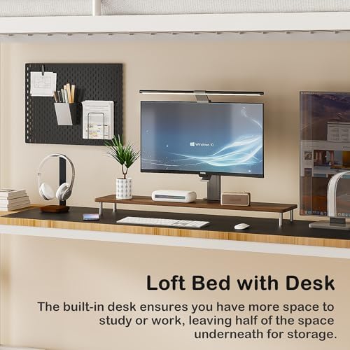 VECELO Loft Bed Twin Size with Desk, Metal Bedframe with Removable Ladder and Safety Guardrail, No Box Spring Needed, Space Saving, Noise Free, Natural White