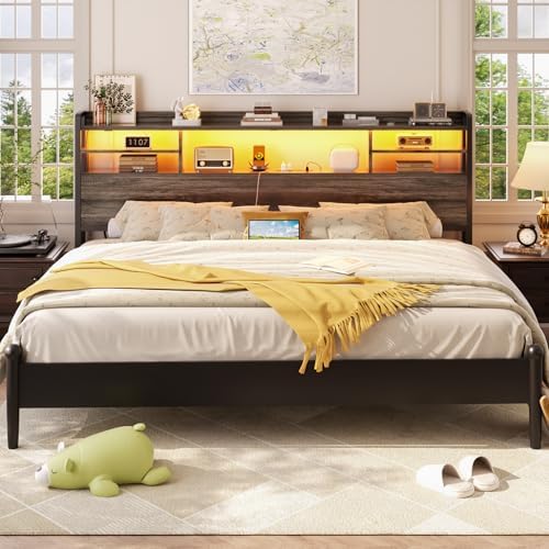 Aheaplus Headboard for King Size Bed with Storage and Outlets, Black Oak