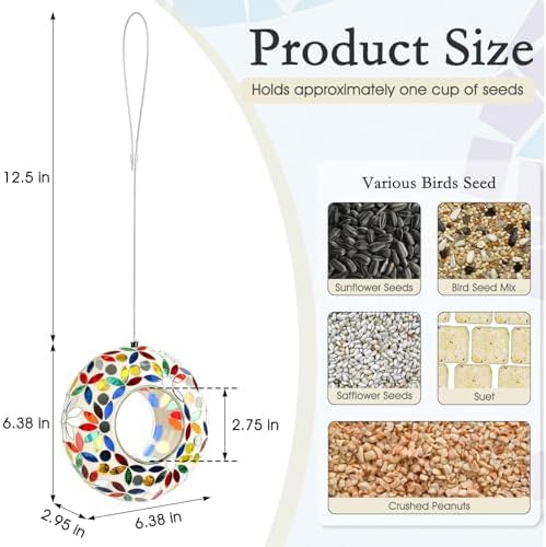6 Inch Mosaic Glass Fly Through Bird Feeder for Outdoors, White