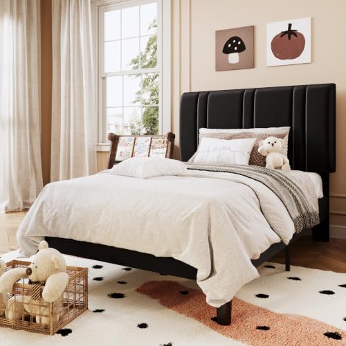 SHA CERLIN Twin Size Velvet Bed Frame with Adjustable Headboard, Black