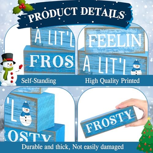 Yuntau 4 Pcs Winter Tiered Tray Decor Christmas Snowflake Wooden Block Sign