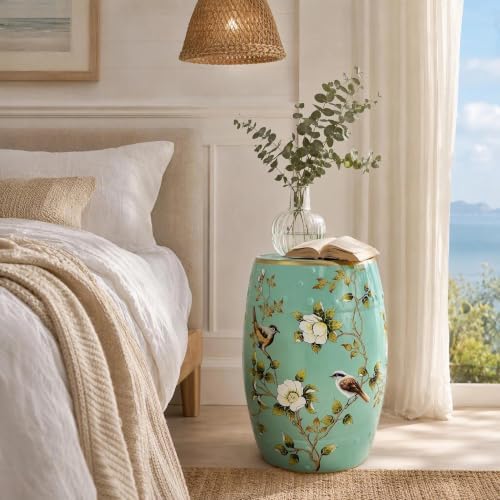Ceramic Garden Stool, Oriole Among Azaleas Green Decor