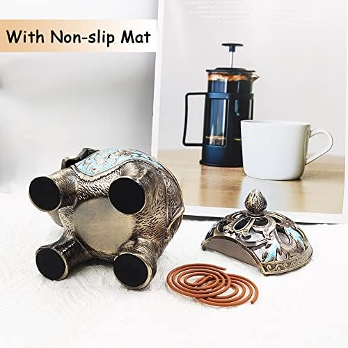Hourwof Metal Elephant Incense Holder,Vintage Cone Coil Incense Burner with Lid,Ash Catcher,Aromatherapy Ornament Home Office Decor (Light Blue)