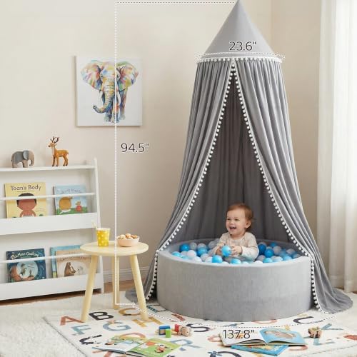 LOAOL Bed Canopy with Pom Pom Kids Reading Nook Hanging Tent (Gray)