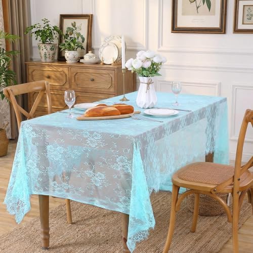 Rectangle Table Cloth 10FT Blue Lace Tablecloth Floral Pattern Sheer Cover