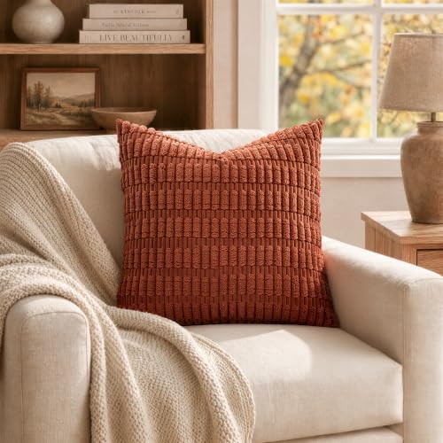 MIULEE Fall Corduroy Decorative Throw Pillow Covers 12x12 Rust Pack of 2