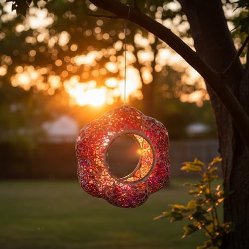 Sunnydaze Mosaic Glass Bird Feeder for Outdoors, Pearl Pink Flower