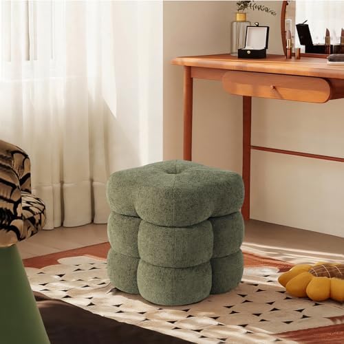 Get Set Style 360° Swivel Flower Ottoman, Linen Vanity Stool Footrest with 300LBS Capacity, No Assembly Small Space Accent Chair for Living Room Bedroom Entryway (Olive Green)