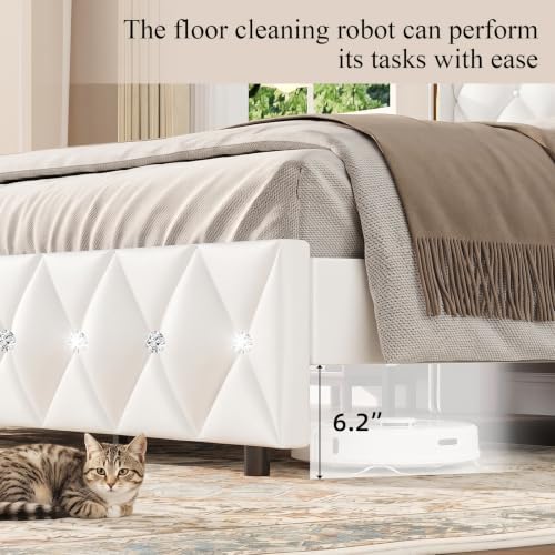 HOMBCK Twin Size Bed Frame with Leather Headboard, Goldside Wingback, White