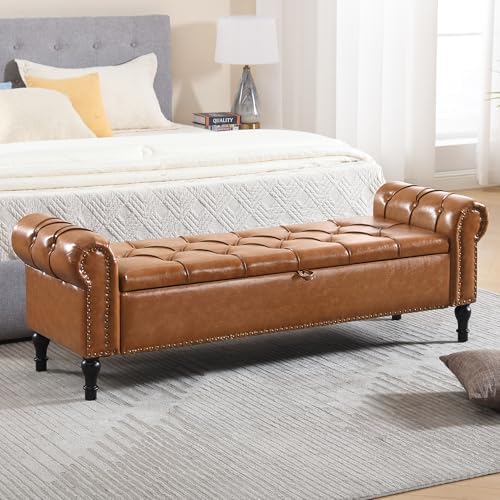 Faux Leather Storage Bench for Bed Room 67 Inch Upholstered Tufted Ottoman Bench with Arms King Size Large Storage Space End of Bed Benches for Bedroom Living Room Entryway Brown