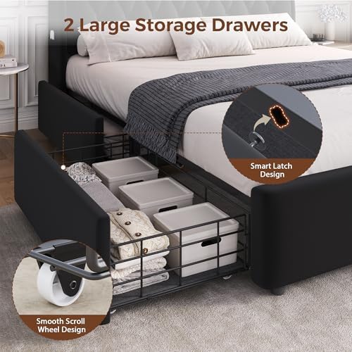 Jocoevol King Size Bed Frame with 2 Storage Drawers & Hidden Headboard