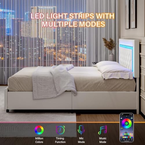 Queen Bed Frame with LED Lights, Upholstered Bed Frame with Storage Drawers