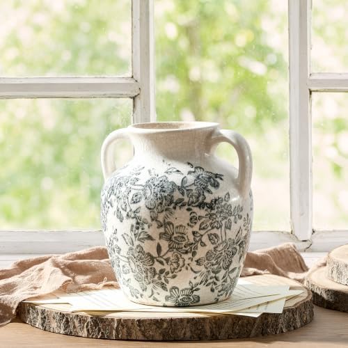 Vintage Vase with Handles, Ceramic Utensil Holder, Flower Decorative Vase Chinoiserie Decor Rustic Farmhouse Retro Floral Vases for Table Bookshelf Mantel Kitchen Living Room Office - 6.7” Gray 018