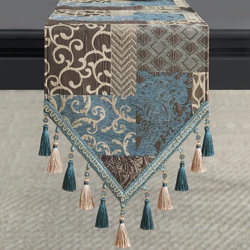 Loom and Mill Luxury Damask Patchwork Table Runner 108 Inches Long, Blue