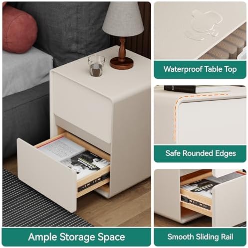 15.8" W Faux Leather Narrow Nightstand, Fully-Assembled Bedside Table with 2 Drawers, Wood Night Stand Small Accent End Table & Side Table for Bedroom, Cream White