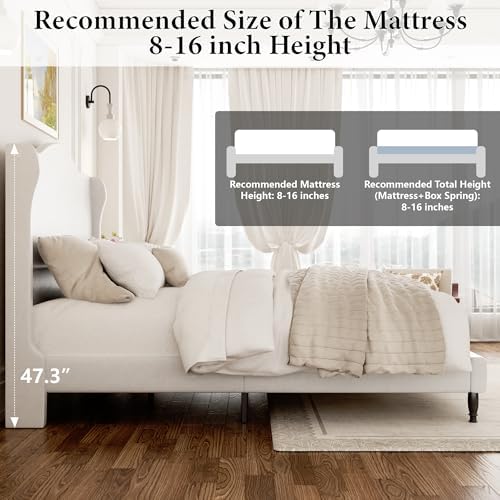Upholstered Bed Frame with Tall Headboard, Leather Full Platform Bed Frame with Wingback Sides, Wood Slats Support, Noise-Free Design, No Box Spring Needed, Easy Assembly, White