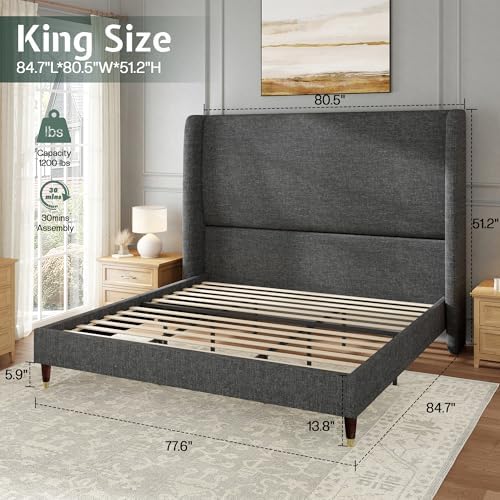 Jocisland King Bed Frame Tall Wingback Headboard Upholstered, Dark Grey