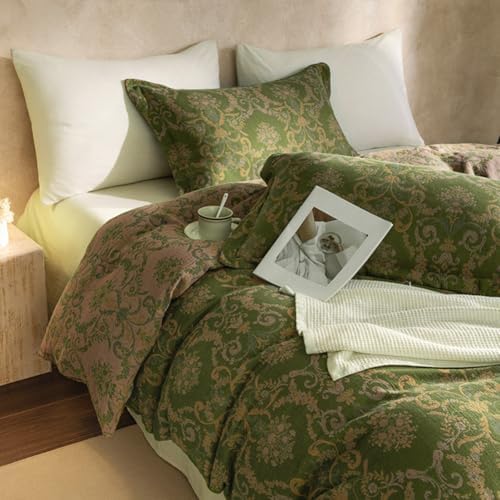 Olive Green Duvet Cover Set King,Reversible Medallion Flower Print Bedding Set Linen Cotton Yarn-Dyed Textured Bohemian Duvet Cover with Zipper Closure-104 x90