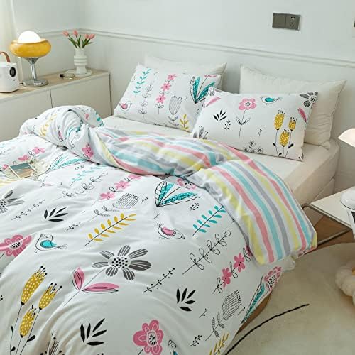 mixinni Flowers Duvet Cover for Teenage Girls Queen Size Floral Leaf Printed Soft Cotton Full Bedding Set Reversible Colorful Striped Pattern Girls Zipper Closure 4 Corner Ties for Women-Queen Size