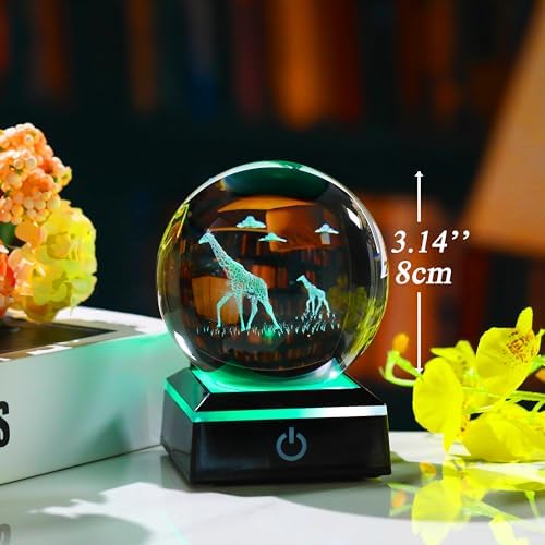 Giraffe Gifts for Women Men 3D Crystal Ball 3.14'' - Laser Giraffe Decor Glass Animals Figurines Statue Stuff for Room Night Light Giraffe Gifts for Mom