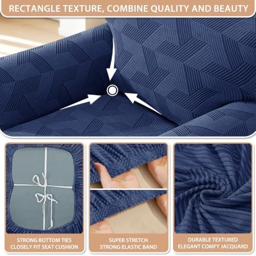 ZNSAYOTX 4 Piece Stretch Couch Covers (72"-90") New-Rectangle Texture, Thick Sofa Covers for 3 Cushion Couch Universal Sofa Slip Cover with Elastic Bottom & Buckle, Washable Protector Navy Blue