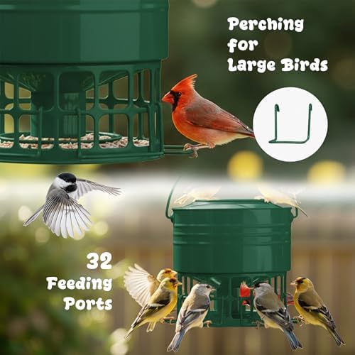 KOL Large Bird Feeder for Outdoors, 10LB Capacity Squirrel Proof Metal Feeder with 32 Feeding Ports & 3 Perches, Easy-Clean Hanging Birdfeeder for Cardinals, Bluebirds, Finches (Jasper)